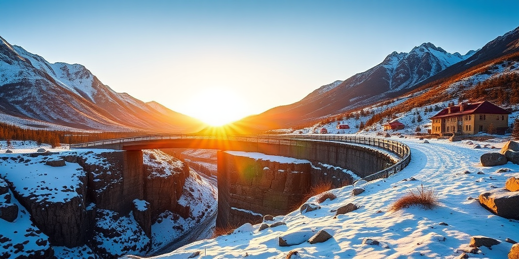 Capture a scenic view of a snow-covered bridge winding over rocky terrain with a backdrop of majestic mountains and a clear blue sky during golden hour, using a DSLR camera with a focal length of 24mm, aperture set to f/8, ISO 100, and a shutter speed of 1/125 sec to enhance detail and color vibrancy.