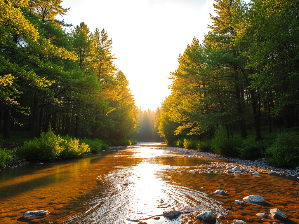 Create an image of a serene, sunlit forest scene with a clear, gently flowing river. Tall trees with lush green foliage line both sides of the river, their leaves bathed in the warm golden light of the setting or rising sun. The sunlight filters through the trees, casting soft, dappled light on the river, which flows over smooth rocks and pebbles, creating a peaceful, natural atmosphere. The sky is bright with a few scattered clouds, and the overall mood is tranquil, evoking a deep sense of connection with nature. The image captures the beauty of a calm, pristine forest landscape at either dawn or dusk.