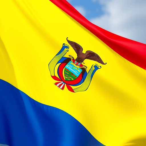 Ecuador flag with vibrant colors, detailed emblem, high-resolution image, shot with a DSLR camera at f/8 aperture, 50mm lens, natural lighting, landscape orientation.