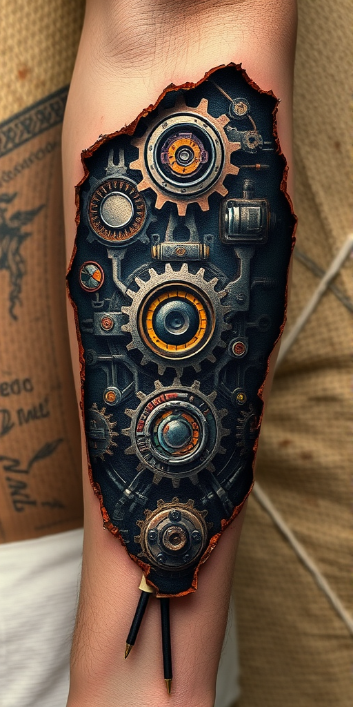 Biomechanical tattoo revealing robotic gears and circuitry beneath torn skin on the forearm, with metallic highlights and rust-like details for a worn look