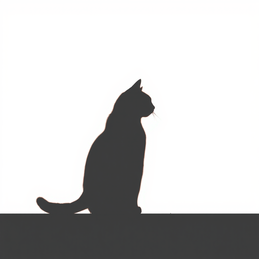 Generate an image of a stylized cat silhouette on a solid background, captured with a Canon EOS R5 camera, 50mm lens, f/1.8 aperture, ISO 100, in soft natural light, using a portrait photography style for enhanced detail and clarity.