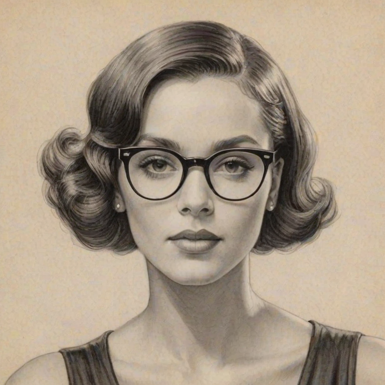 Fascinating Janelle Mon'e, pencil sketch, portrait of Charming woman 1931s in glasses, hair style beatnik, outline, clear lines, fine lines, 8k