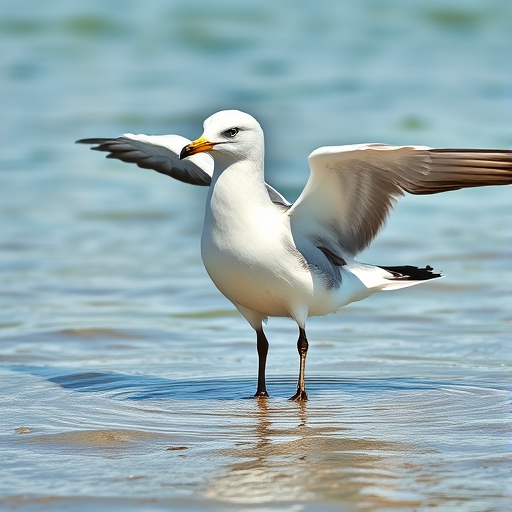 A highly detailed illustration of a seagull standing in shallow water with wings partially extended, captured in natural light with a DSLR camera, aperture f/4, ISO 100, 50mm lens, sharp focus emphasizing the bird with a soft background blur.