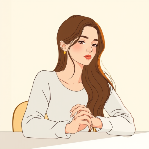 Create an illustration of a person with long brown hair and earrings, sitting at a table with hands clasped, using soft pastel colors and minimalistic lines, captured with a 50mm lens at f/1.8, ISO 200, and a bright, diffused natural light for a clean and modern look.