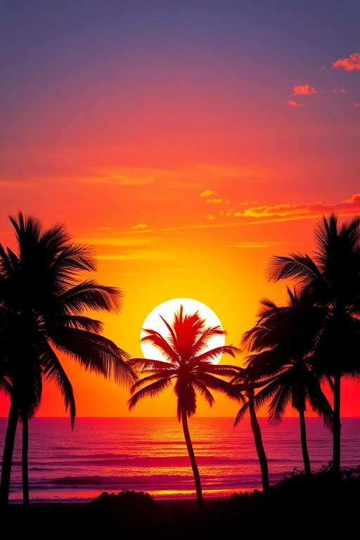 Generate a vibrant sunset over the ocean with a large sun and silhouetted palm trees framing the scene, using a DSLR camera with a 35mm lens, aperture set to f/8, ISO 100, 1/250s shutter speed, shot from a low angle to highlight the palm trees against the colorful sky, in a painterly style.