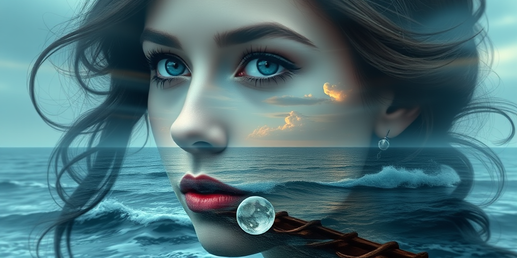 design Book cover, A surreal double exposure portrait that blends a woman's face with a beautiful seascape. The overall mood is dreamy and mystical, with rich colors and intricate details