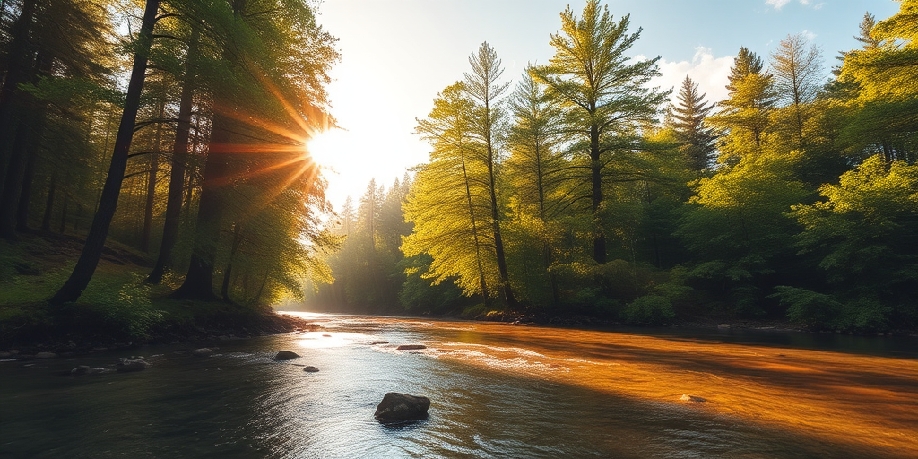 Create an image of a serene, sunlit forest scene with a clear, gently flowing river. Tall trees with lush green foliage line both sides of the river, their leaves bathed in the warm golden light of the setting or rising sun. The sunlight filters through the trees, casting soft, dappled light on the river, which flows over smooth rocks and pebbles, creating a peaceful, natural atmosphere. The sky is bright with a few scattered clouds, and the overall mood is tranquil, evoking a deep sense of connection with nature. The image captures the beauty of a calm, pristine forest landscape at either dawn or dusk.
