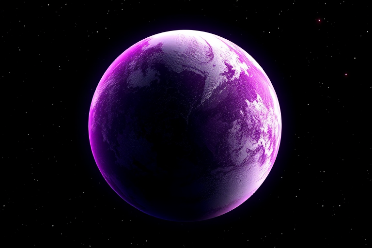 A high-resolution digital illustration of a textured planet with purple and white hues, surrounded by a starry black background, taken with a DSLR camera at f/8 aperture, ISO 200, 24mm lens, using a wide-angle view and soft focus style.