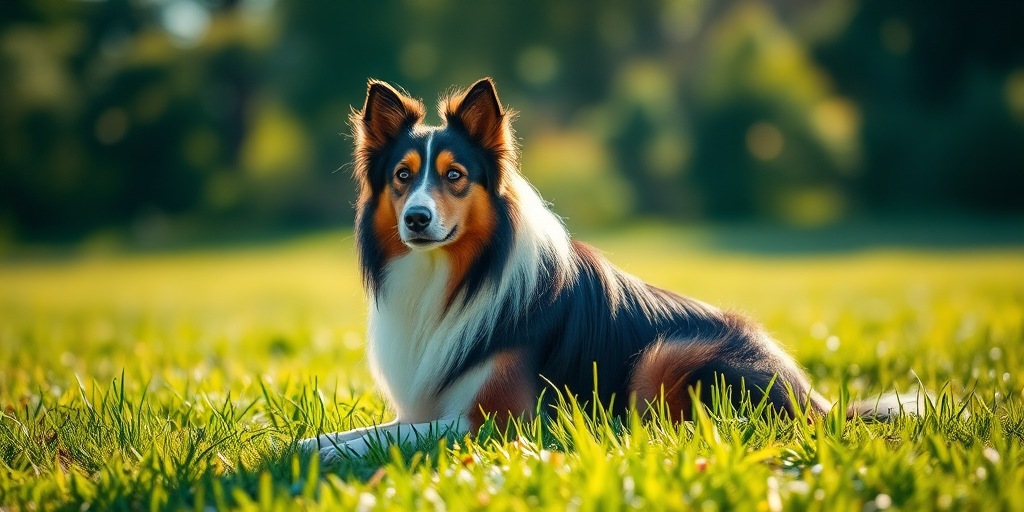 A majestic Collie dog sitting in a lush green field with a blurred background, sunlit scene, shallow depth of field, camera settings: aperture f/2.8, shutter speed 1/500s, ISO 200, 50mm lens, perspective from a low angle, natural light, DSLR camera.