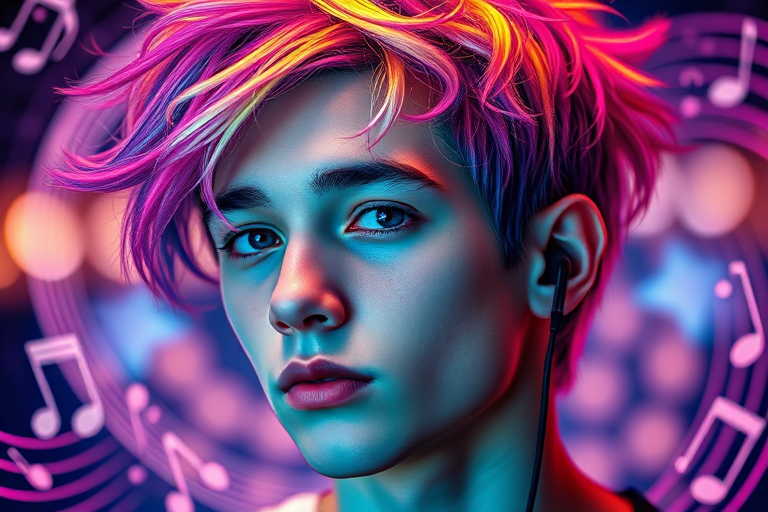 create a hyper-realistic portrait of a young man with vibrant, multicolored hair, wearing earbuds, surrounded by musical notes and swirling light patterns, using a Canon EOS R5 with a 50mm f/1.2 lens, at ISO 100, f/2.8, and an aperture of 1/200s, in portrait mode with dramatic lighting and a bokeh background effect.