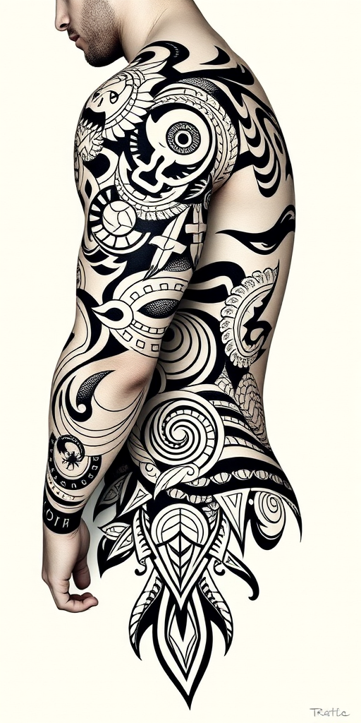 Fierce neo-polynesian tribal tattoo with bold black lines and intricate patterns, incorporating traditional symbols and modern elements, flowing from shoulder to hip in a powerful display