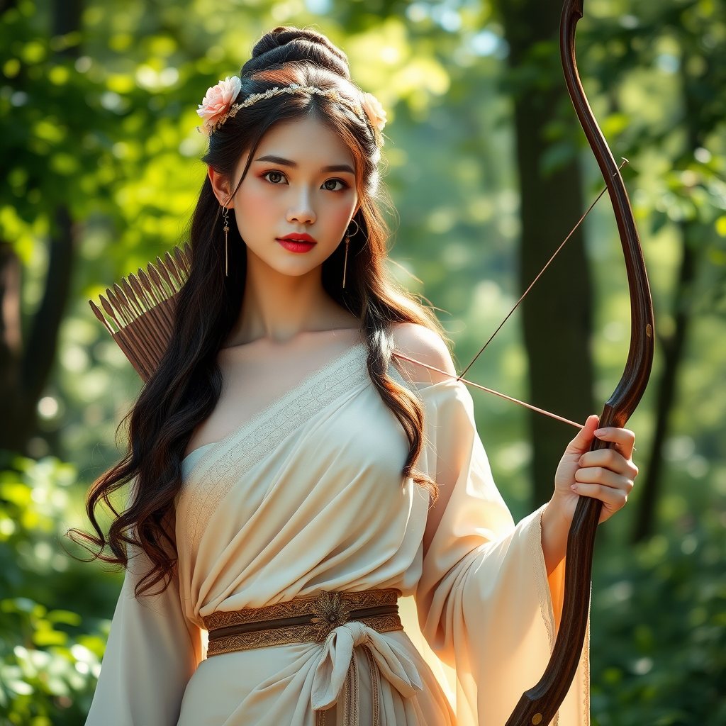 Create a portrait of a goddess-like Chinese girl figure in a tranquil, forested environment. She has an elegant appearance with long, wavy hair styled in an updo and adorned with a delicate, floral headband. She wears a flowing, ancient Greek-inspired gown in a soft, pale color, featuring a one-shoulder design and draped fabric that accentuates her graceful form. The outfit includes a decorative belt with ornate gold detailing, and she holds a bow in her hand, with a quiver of arrows slung over her shoulder. The background depicts lush greenery, with sunlight filtering through the trees, casting a gentle, ethereal light on the scene. Her expression is calm and contemplative, embodying a sense of wisdom and serenity.