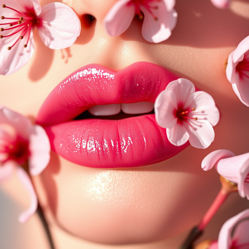 Stunning cherry blossom lips with delicate pink hues and subtle shimmer, featuring petal-like texture and a glossy finish that catches the light beautifully