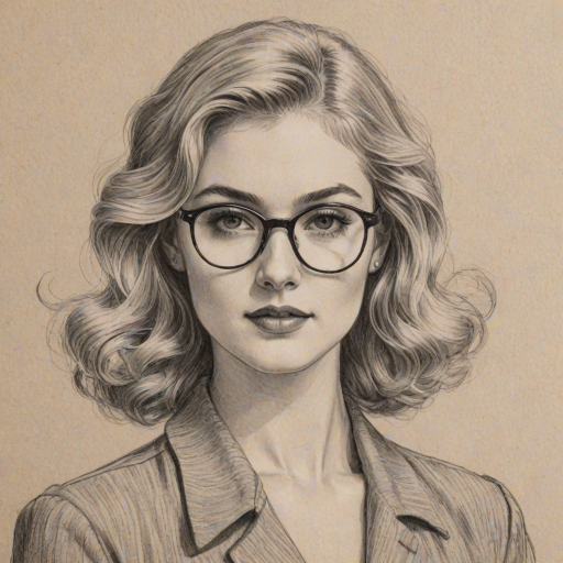 Wonderful Skyler Samuels, pencil sketch, portrait of Splendid woman 1930s in glasses, hair style beatnik, outline, clear lines, fine lines, 8k