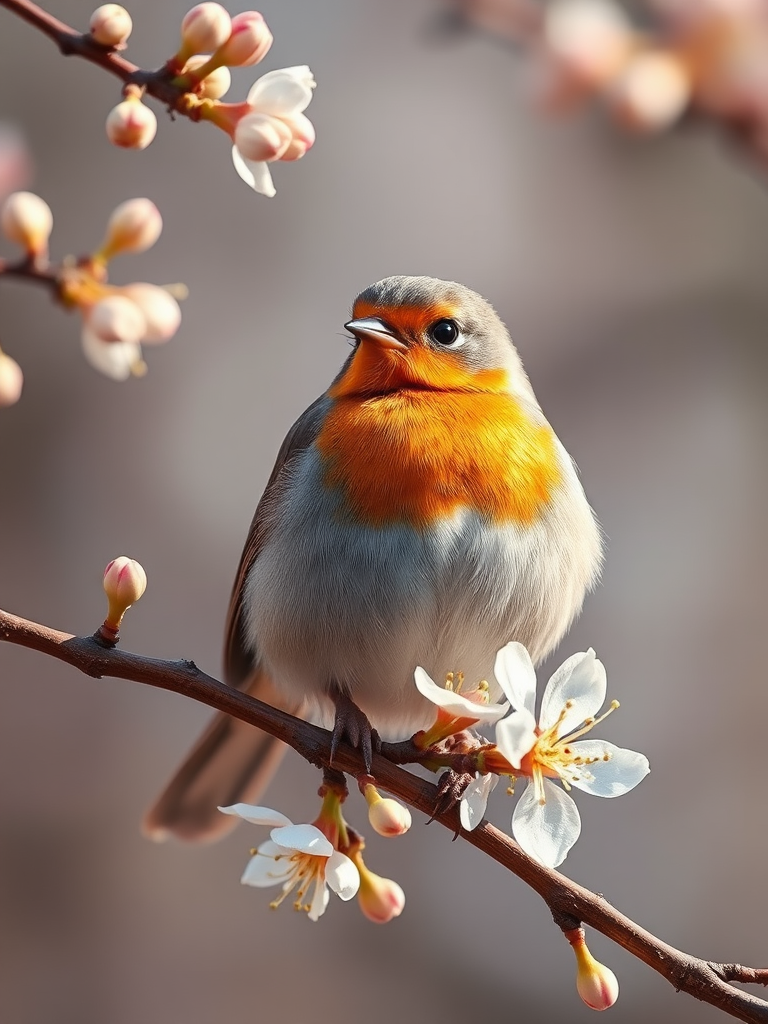 A detailed illustration of a robin perched on a branch with soft, budding flowers, captured in natural light with a DSLR camera, aperture f/4, shutter speed 1/250s, ISO 200, macro lens, shallow depth of field for a blurred background.