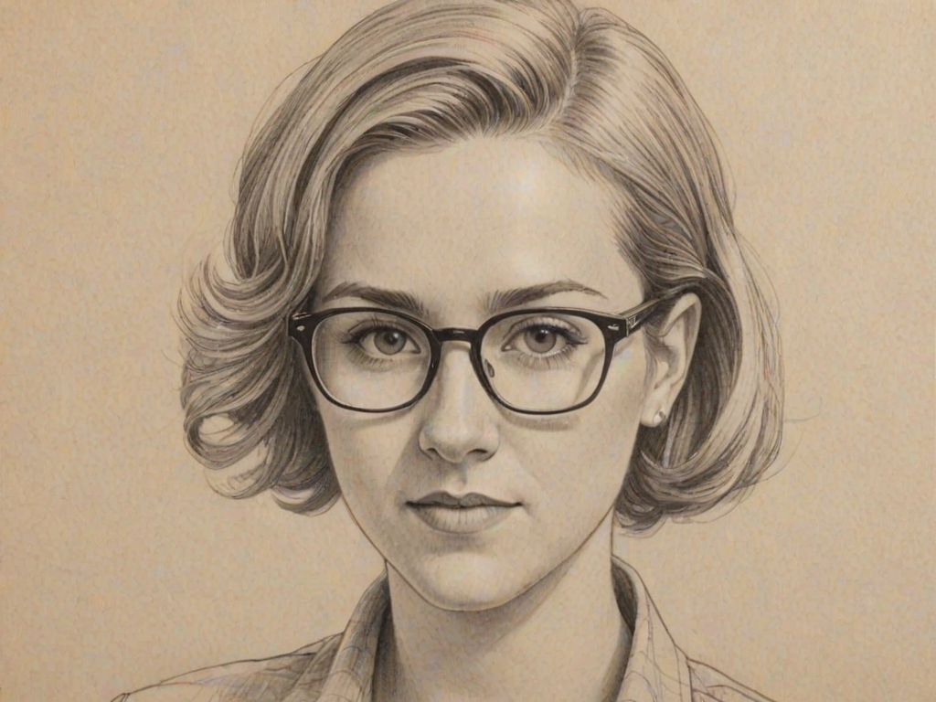 Lovely Hannah Hart, pencil sketch, portrait of Comely woman 1949s in glasses, hair style beatnik, outline, clear lines, fine lines, 8k