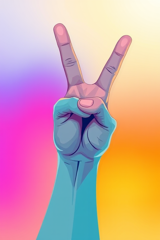 Create a high-resolution digital illustration of a stylized hand making a peace sign, use a wide-angle lens at f/8, 1/125s exposure, ISO 100, front view, vibrant color palette, and add a soft gradient background for depth.
