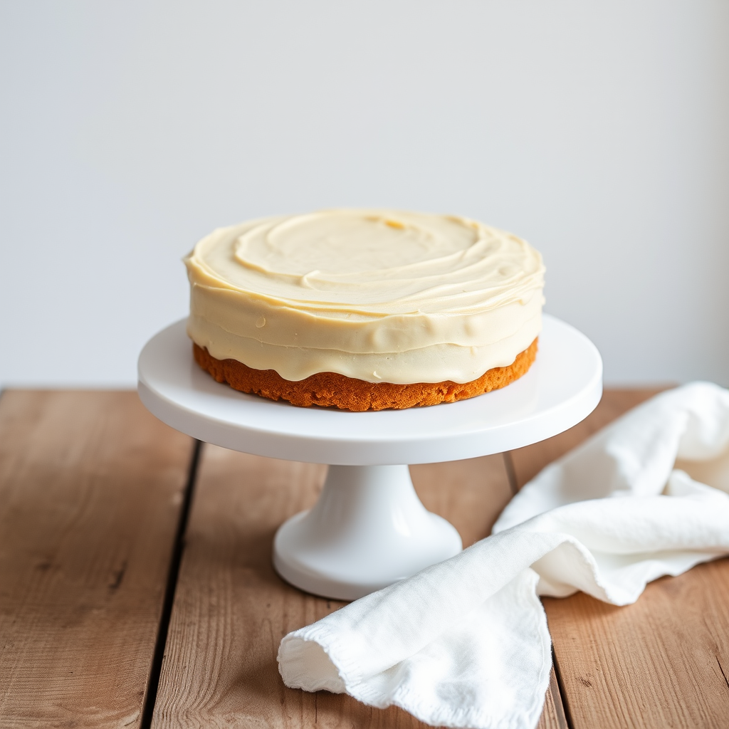 A simple round cake with smooth beige frosting on a white cake stand set on a rustic wooden table with a soft white cloth nearby against a light background.