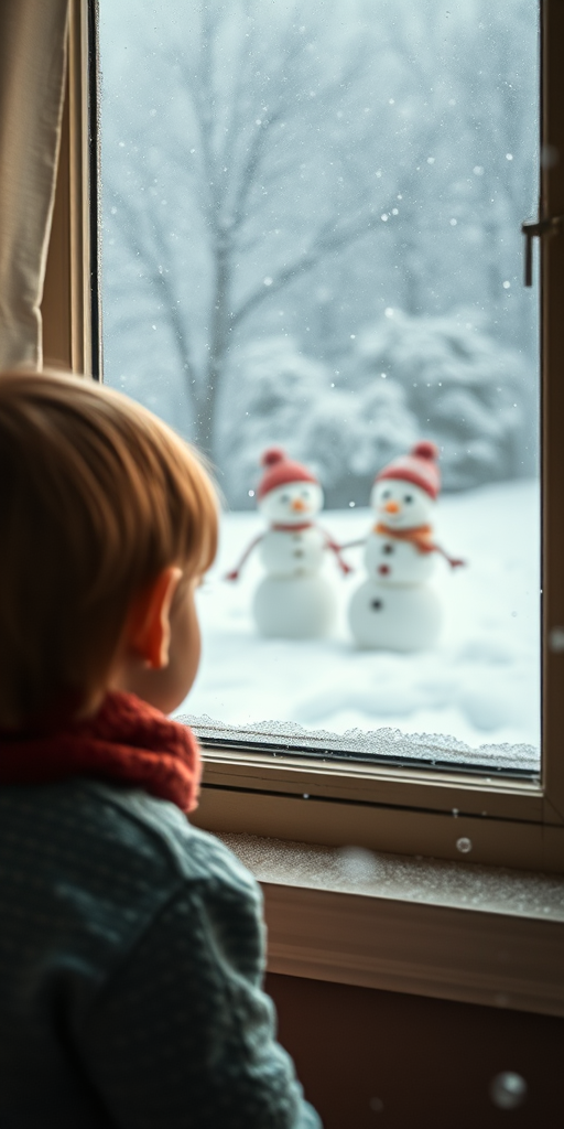 Capture a nostalgic scene of a child gazing out a window at two snowmen in a winter landscape, soft focus, 50mm lens, f/1.8 aperture, ISO 200, natural light, with a hint of snowfall for added charm.