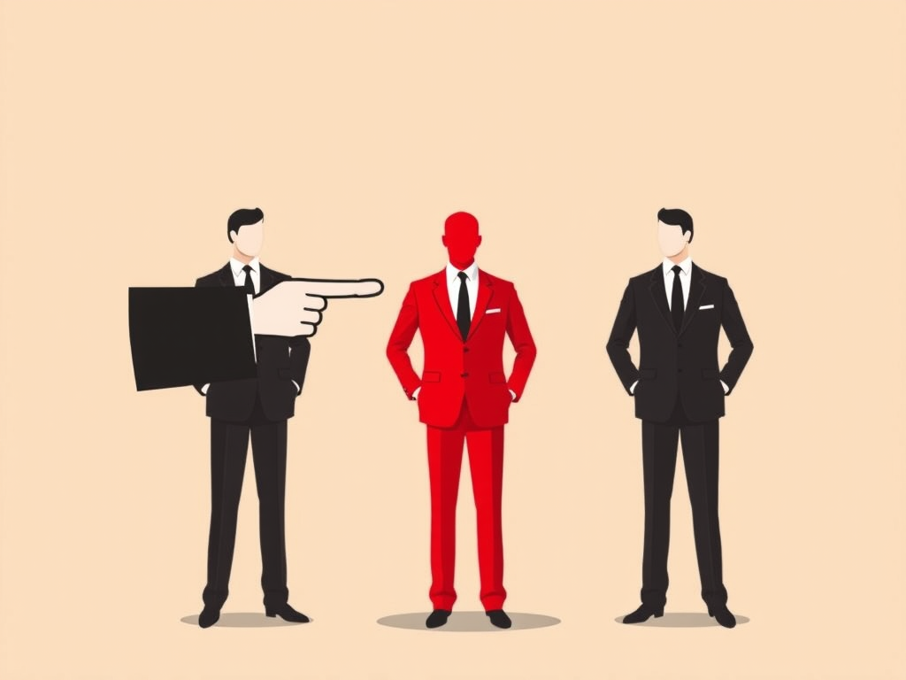 Create a digital illustration featuring three stylized figures in suits, with the central figure in red and the outer figures in black, set against a simple beige background, with a large hand graphic pointing at the red figure; use a DSLR camera with a 50mm lens, f/2.8 aperture, ISO 100, and natural lighting for enhanced clarity and depth.