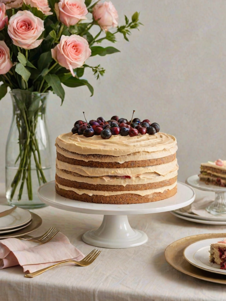 Generate an image of a beautifully layered cake on a white pedestal stand. The cake has multiple layers with a light brown frosting on top. A slice is plated beside the cake, showcasing its layered interior. Surround the cake with elegant table settings, including forks and glasses, on a soft-colored tablecloth.