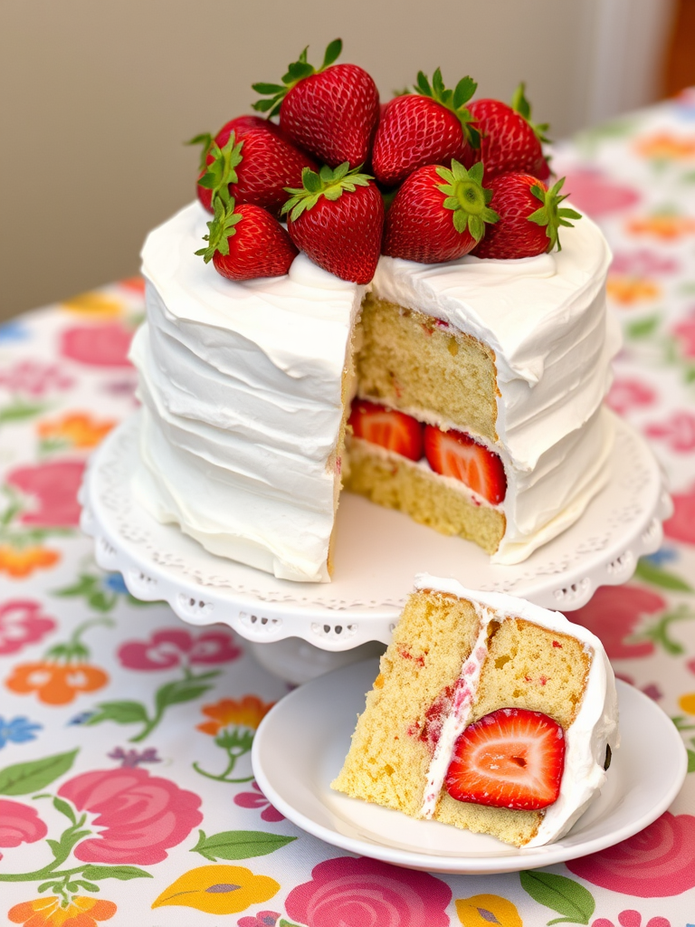 Create an image of a fluffy white cake layered with whipped cream and fresh strawberries on top, served on a decorative cake stand, with a slice of the cake on a plate beside it, showcasing the strawberries inside the cake, set on a colorful patterned tablecloth.