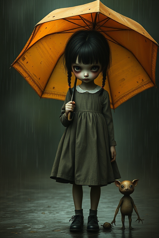 An eerie, weird little girl with dark hair in thin pigtails, wearing a smock dress, standing in the rain, holding a dirty orange umbrella, a small, odd creature beside her. In a surreal style inspired by Nicoletta Ceccoli and Brian Froud. Dark fantasy themes