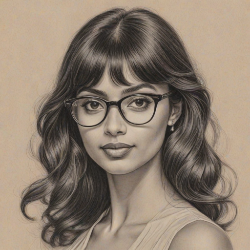 Beauteous Jameela Jamil, pencil sketch, portrait of Enchanting woman 1937s in glasses, hair style beatnik, outline, clear lines, fine lines, 8k