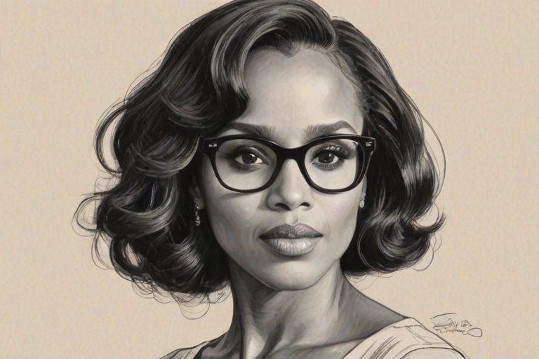 Elegant Kerry Washington, pencil sketch, portrait of Captivating woman 1962s in glasses, hair style beatnik, outline, clear lines, fine lines, 8k