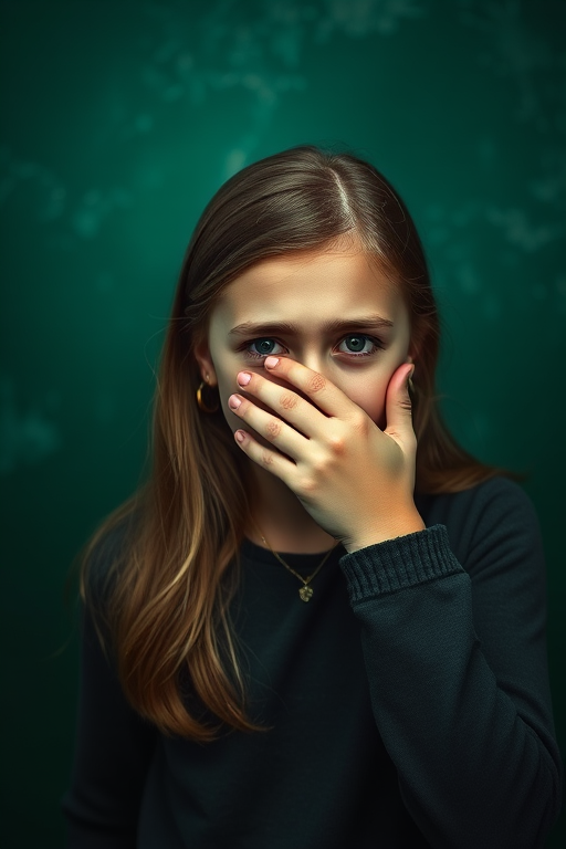 Create a high-resolution artwork featuring a girl in a dramatic pose with her hand over her mouth, expressing fear, set against a textured green background, captured with a Canon EOS R5, 50mm lens, f/1.8 aperture, ISO 100, at a 1/250 sec shutter speed, using a soft focus effect for a moody atmosphere.