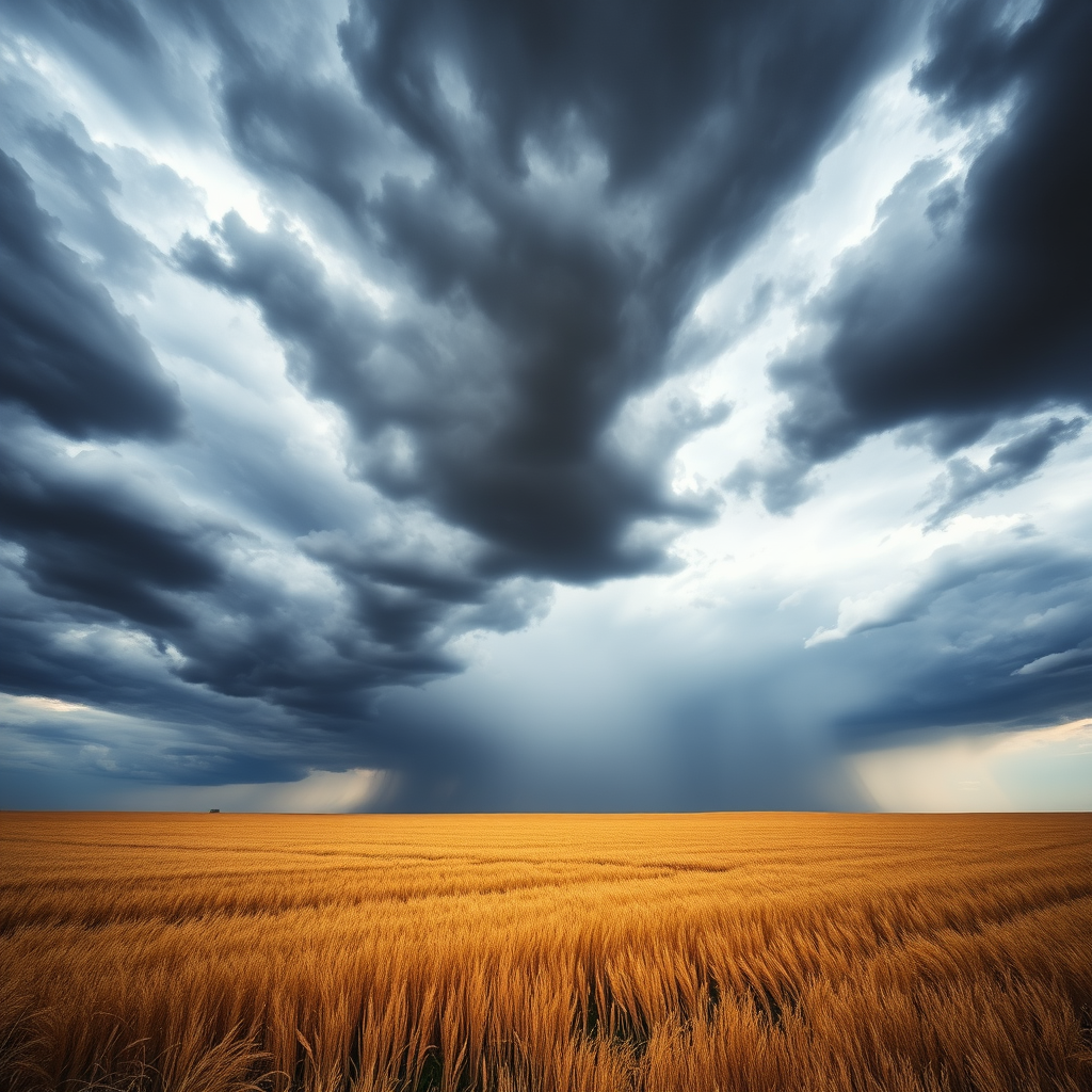Wide landscape shot of golden fields under a dramatic stormy sky, using a DSLR camera, aperture f/8, shutter speed 1/200 sec, ISO 100, polarized filter, capturing vivid colors and textures.