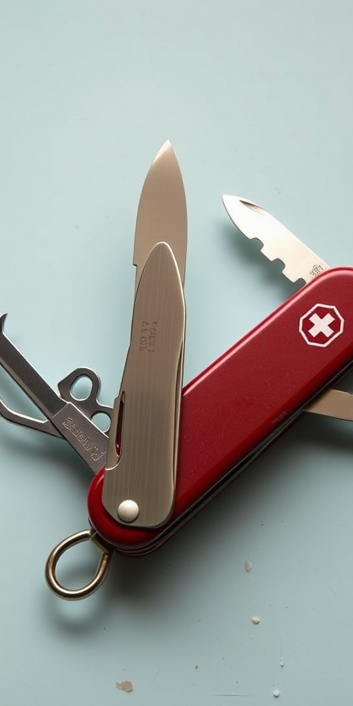 Create a high-resolution image of a classic Swiss army knife with the blade and tools open, captured with a DSLR camera at f/2.8, ISO 100, and 1/250 sec shutter speed from a top-down view, soft natural lighting to enhance details and textures.