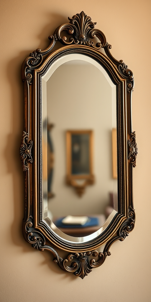 Capture an elegant, framed mirror hanging on a softly colored wall with a focus on reflections, using a Canon EOS R5, 50mm lens, aperture f/1.8, ISO 100, shutter speed 1/125s, in natural light for enhanced detail and clarity.