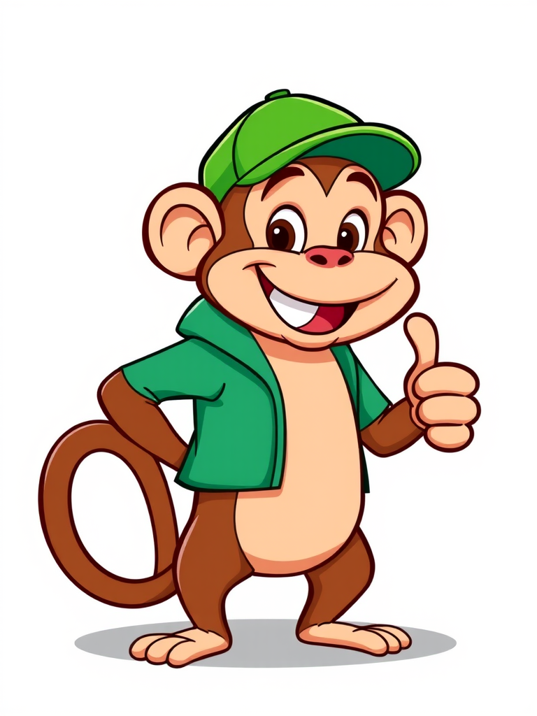Generate a vibrant cartoon monkey character standing with a thumbs-up gesture, wearing a green cap, using a digital art style, 300 DPI resolution, with a bright color palette and smooth lines, shot from a slight low angle to enhance the character's charm and appeal.