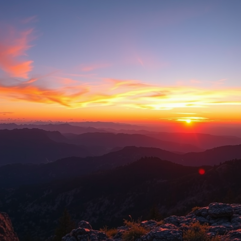 Create a high-resolution image of a scenic sunset over a mountain range with a wide-angle view, using a DSLR camera set to ISO 100, aperture f/11, and shutter speed 1/125s, capturing vibrant colors and sharp details in the landscape.