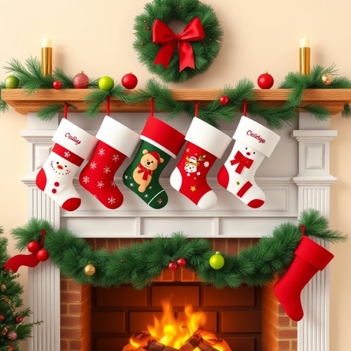 Generate an image of a festive fireplace mantel decorated for the holidays. Include four Christmas stockings hanging from the mantel, each with a unique design. The mantel should be adorned with a garland of greenery and colorful ornaments, creating a warm and cheerful atmosphere.