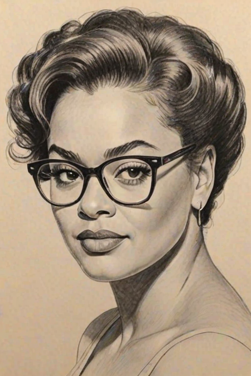 Pleasing Jill Scott, pencil sketch, portrait of Lovely woman 1954s in glasses, hair style beatnik, outline, clear lines, fine lines, 8k
