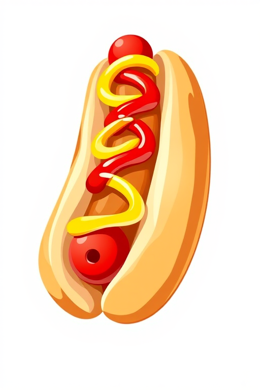 Create a vibrant and colorful illustration of a hot dog in a bun, featuring bright red ketchup and yellow mustard, with a clean white background, captured using a DSLR camera with a 50mm f/1.8 lens, aperture set to f/2.8, ISO 100, and a shallow depth of field to enhance the details and colors of the hot dog.