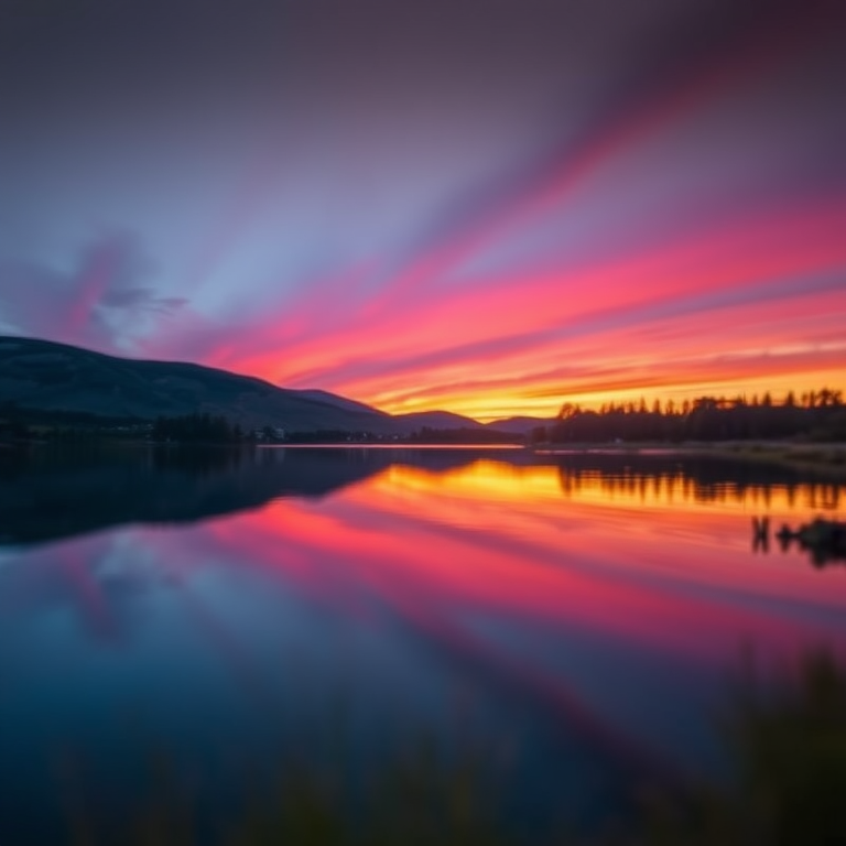 Generate an image of a serene landscape at sunset with vibrant colors reflecting on a calm lake, using a Canon EOS 5D Mark IV, 50mm lens, f/1.8 aperture, ISO 100, 1/125 sec exposure, capturing a wide-angle view with soft bokeh in the foreground.