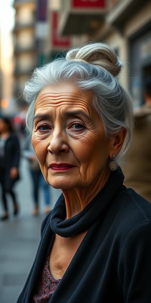 Create a hyper-realistic portrait of an elderly woman with silver hair tied back in a bun, wearing elegant earrings, in a bustling city street background, captured with a Canon EOS R5, 50mm lens, f/1.8 aperture, natural light for soft shadows, and a shallow depth of field to emphasize her facial features.