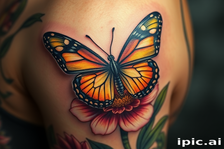 Hyper-realistic 3D tattoo titled "Living Canvas" portraying a lifelike butterfly perched on a flower, seemingly ready to take flight from the skin, with intricate details and shading creating an astonishing illusion of depth and texture