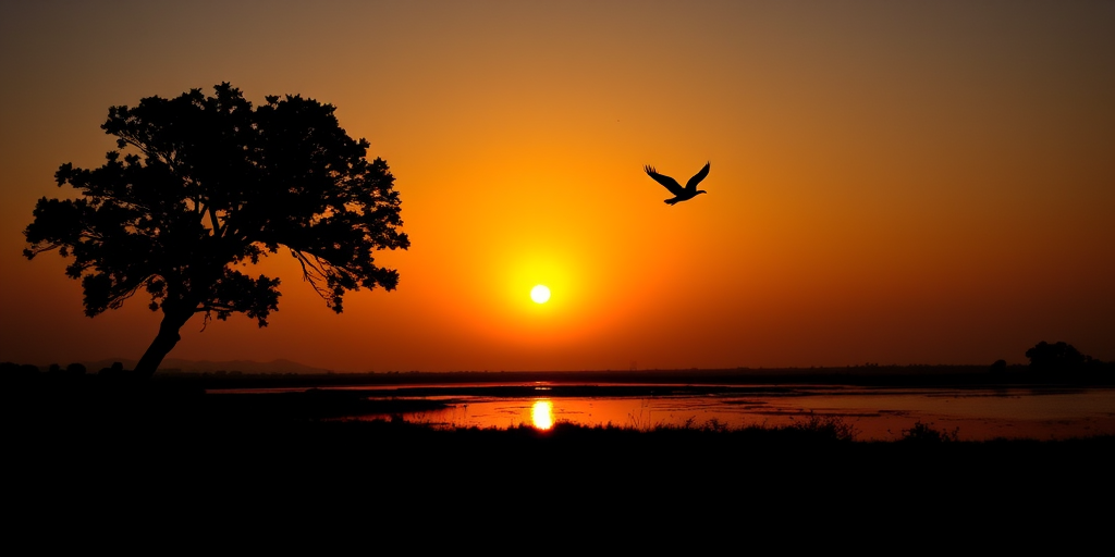 create a serene landscape at sunset with a silhouette of a tree on the left, a bird gracefully flying near the sun, reflecting on water, use a DSLR camera, f/8 aperture, ISO 200, 1/200 sec shutter speed, shot from a low angle for dramatic effect, vibrant colors, and high resolution