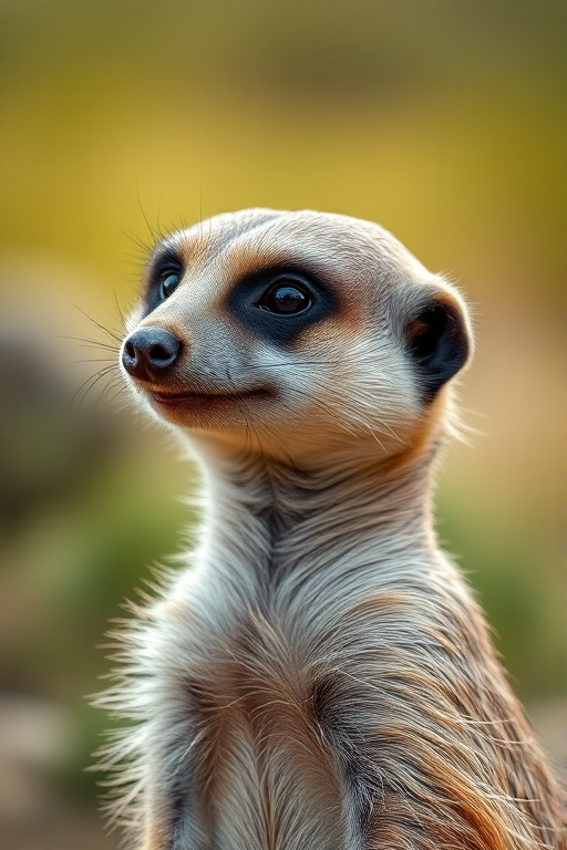 Generate a high-resolution portrait of a meerkat in a natural setting with a shallow depth of field, using a DSLR camera, 85mm lens, f/2.8 aperture, ISO 200, and a soft background blur to enhance focus on the animal.