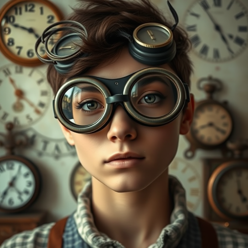 generate an artistic portrait of a person wearing oversized goggles with a dreamy, textured background of clocks and vintage elements, shot with a DSLR camera at f/1.8, ISO 100, 50mm lens, natural light, soft focus, high dynamic range.