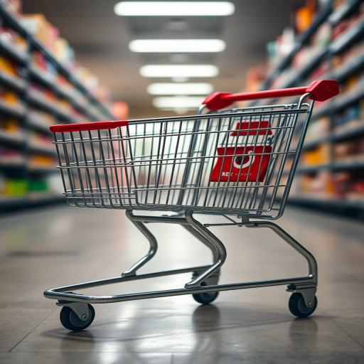 create a highly detailed image of a shopping cart with a sleek design, capturing the cart from a low-angle view, using a DSLR camera with a 50mm lens at f/1.8 aperture, 100 ISO, and 1/200 sec shutter speed, ensuring a soft background blur for emphasis on the cart