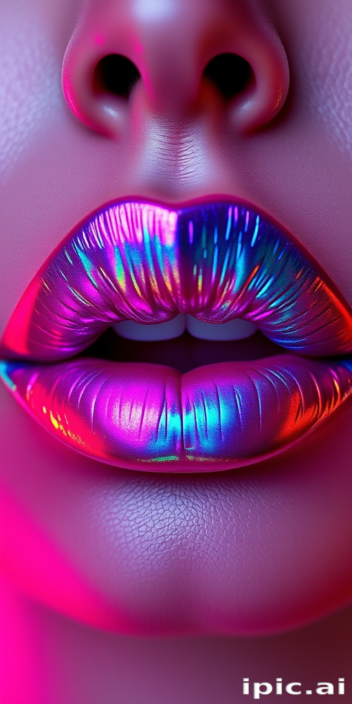 Futuristic "Holographic Prism" lip topper designed to transform any lip color with a stunning rainbow effect, featuring ultra-fine color-shifting pigments for maximum impact