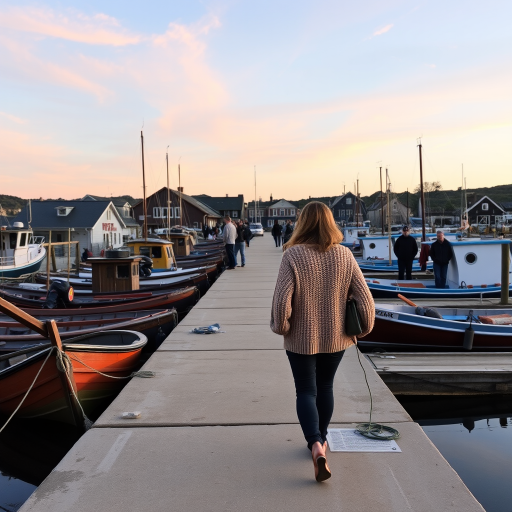 Quiet fishing village at dawn, wooden boats tied up at the dock, a woman in a knit sweater walks along the pier, her hands in her pockets as she watches the fishermen prepare for the day.