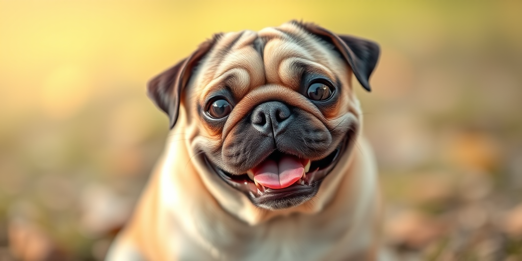 Regenerate a high-resolution image of a sitting pug with a playful expression, using a DSLR camera at f/2.8, 1/200s shutter speed, ISO 100, focused on the dog's face with a shallow depth of field for a blurred background, natural lighting, and a 50mm lens.