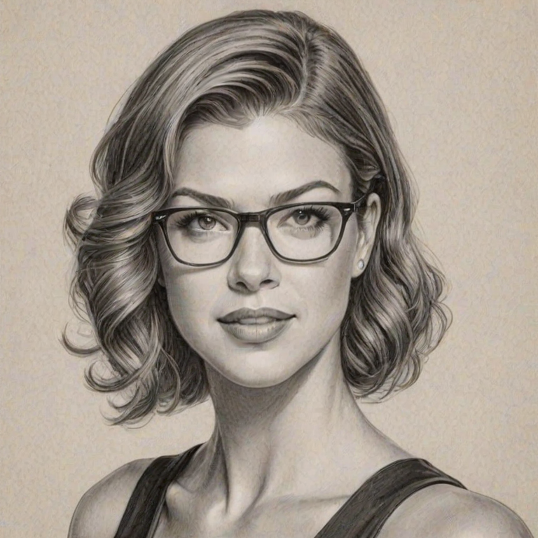 Elegant Adrianne Palicki, pencil sketch, portrait of Wonderful woman 1929s in glasses, hair style beatnik, outline, clear lines, fine lines, 8k