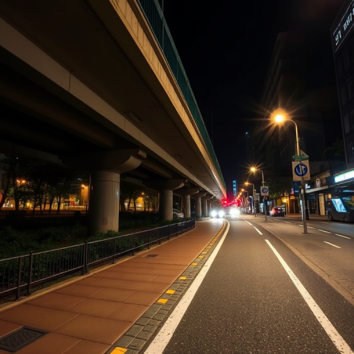 nighttime urban scene under an overpass with street lights illuminating a walking path and bicycle lane, ISO 800, f/4.0, shutter speed 1/30s, wide-angle lens, DSLR camera, low-angle view, long exposure technique for enhanced light effects